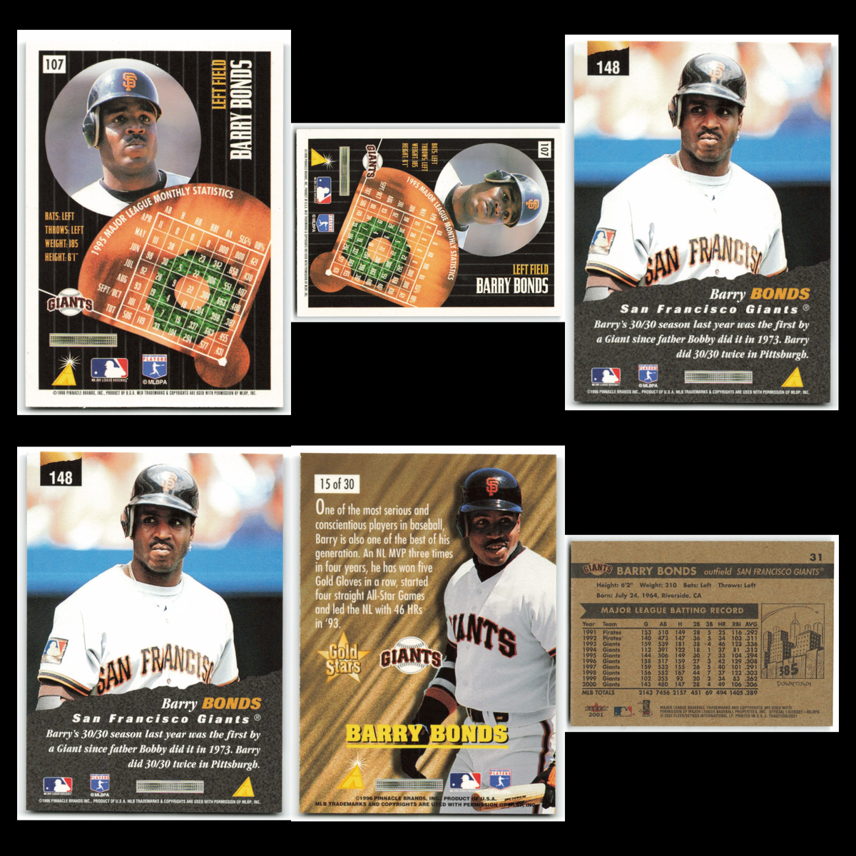 Barry Bonds Lot 6 Baseball Cards Pinnacle San Francisco Giants Set MLB NM