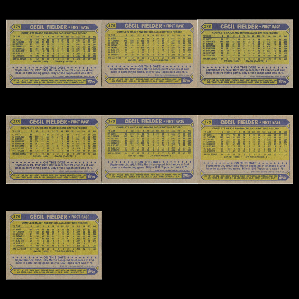 Cecil Fielder Lot 7 Baseball Cards 1987 Topps Toronto Blue Jays Set Collection