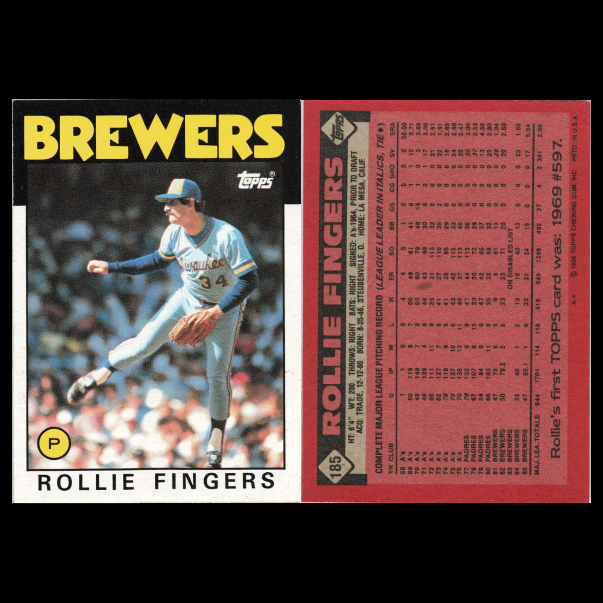 Rollie Fingers Lot 5 Baseball Cards 1986 Topps Milwaukee Brewers Set Collection