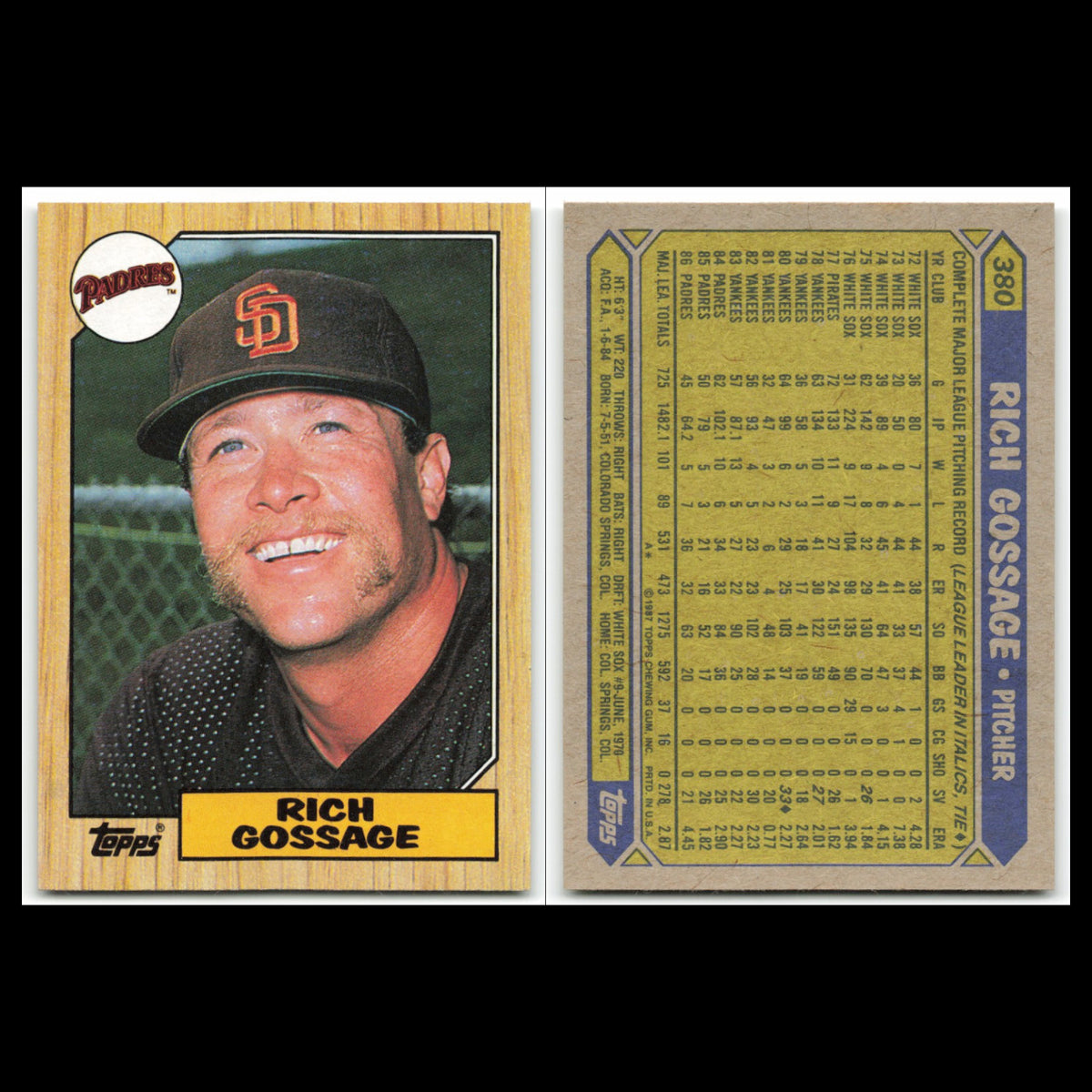 Rich Gossage Lot 5 Baseball Cards 1987 Topps San Diego Padres Set Collection MLB