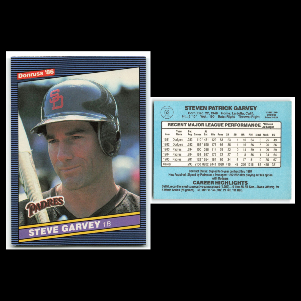 Steve Garvey Lot 6 Baseball Cards Donruss San Diego Padres Set Collection