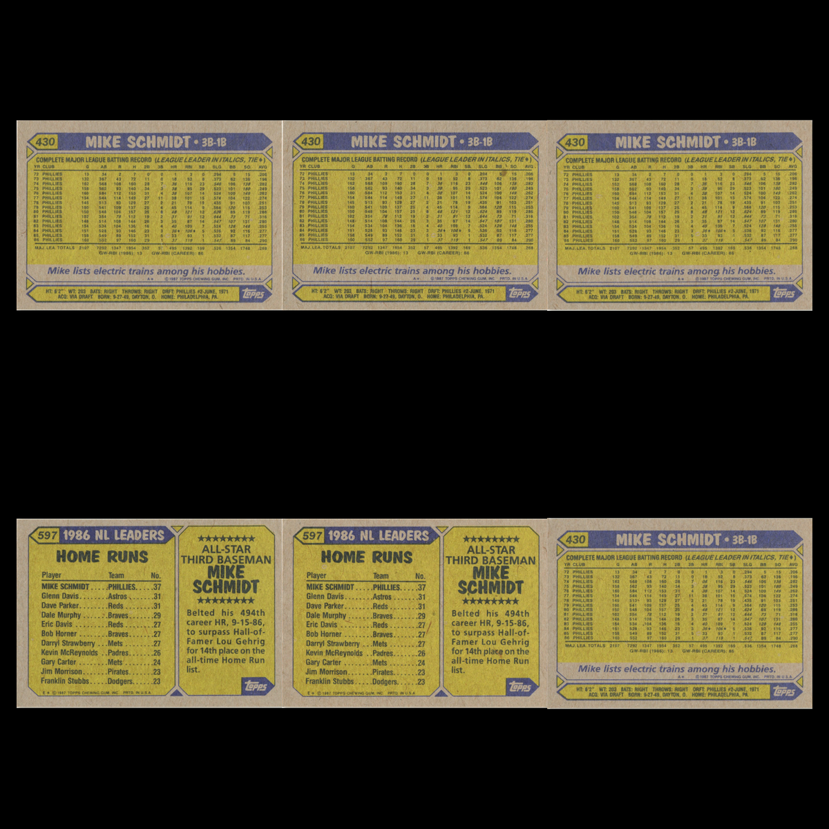 Mike Schmidt Lot 6 Baseball Cards 1987 Topps Philadelphia Phillies Set MLB NM