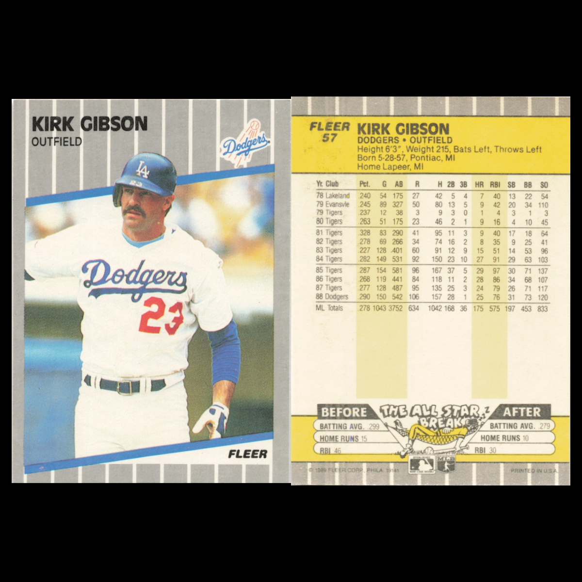Kirk Gibson Lot 5 Baseball Cards Fleer Los Angeles Dodgers Set Collection