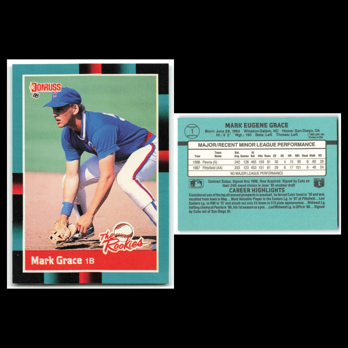 Mark Grace Rookie Lot 5 Baseball Cards 1988 Donruss  Chicago Cubs Set