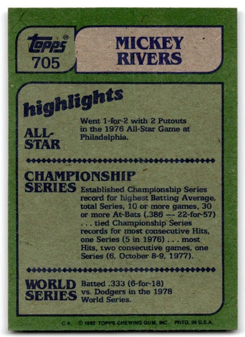 1982 Topps Mickey Rivers Texas Rangers #705