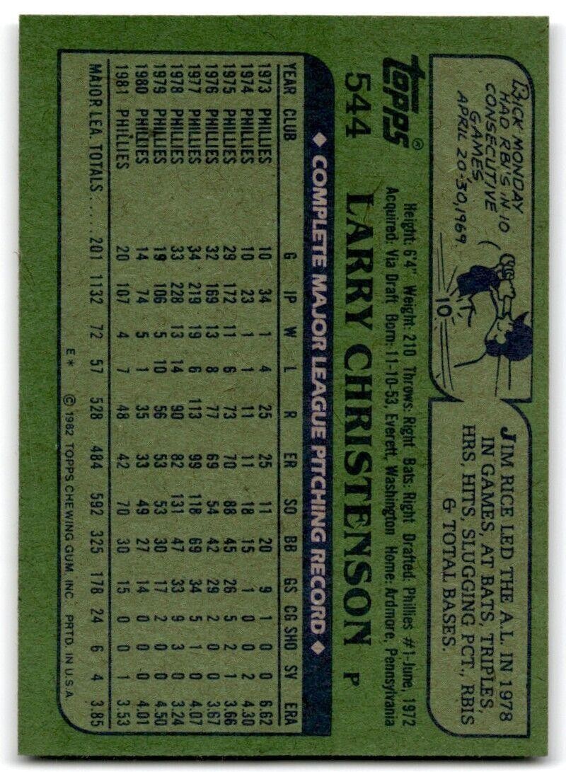 1982 Topps Larry Christenson Philadelphia Phillies #544