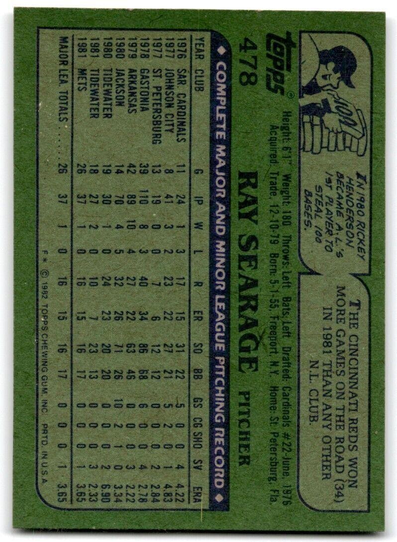 1982 Topps Ray Searage Rookie New York Mets #478