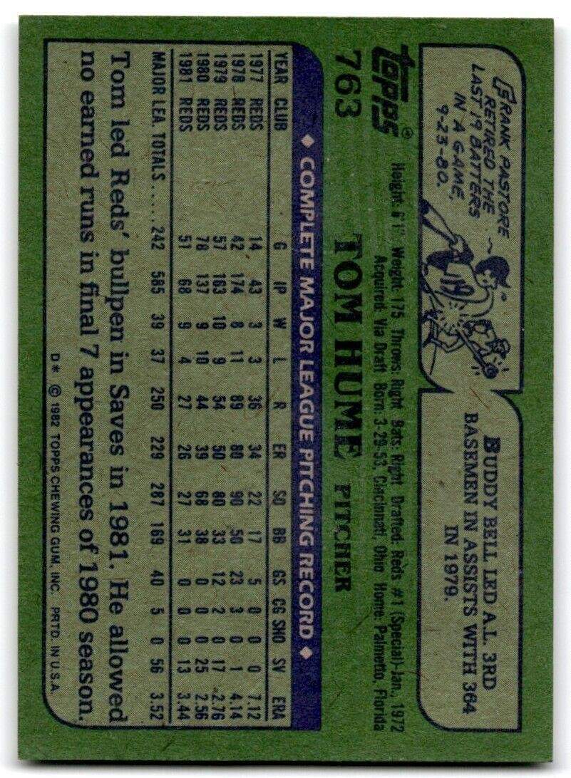 1982 Topps Tom Hume Cincinnati Reds #763