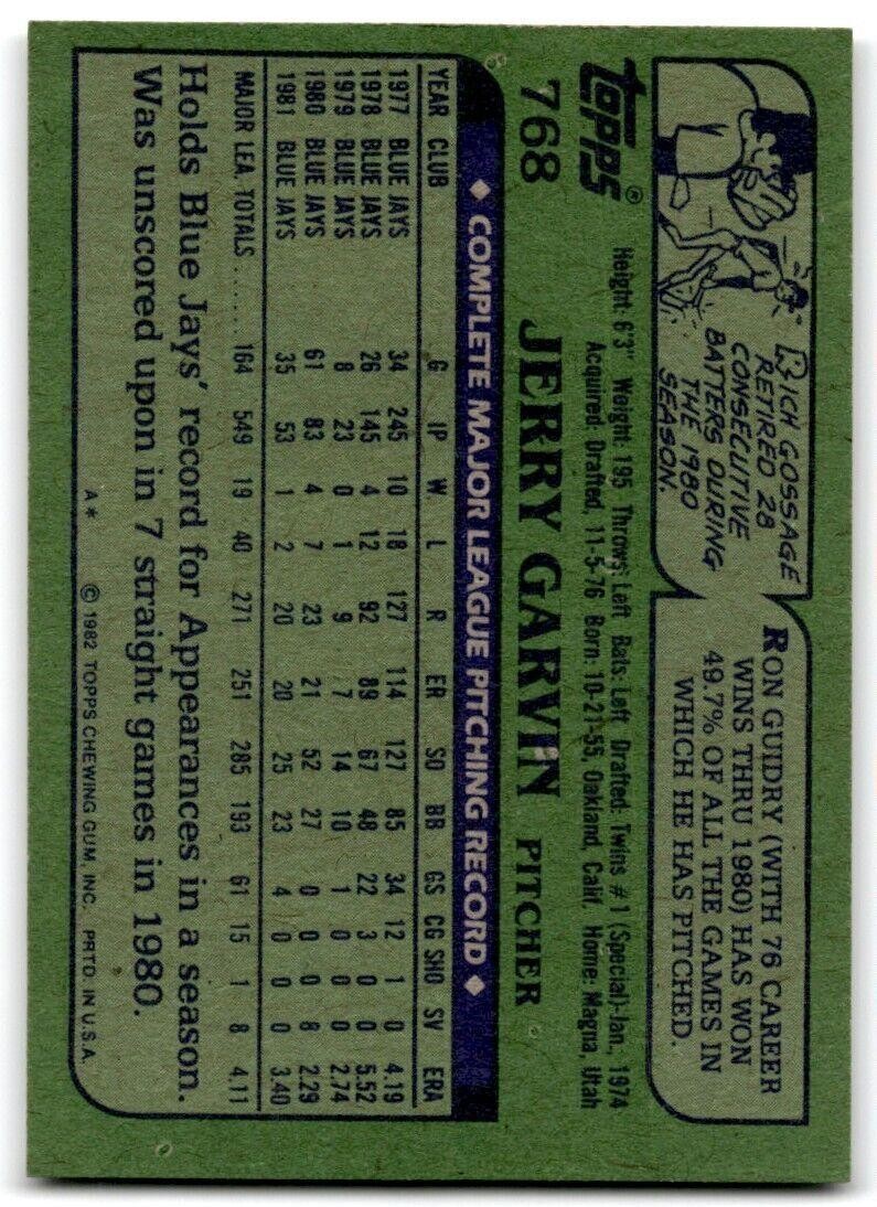 1982 Topps Jerry Garvin Toronto Blue Jays #768