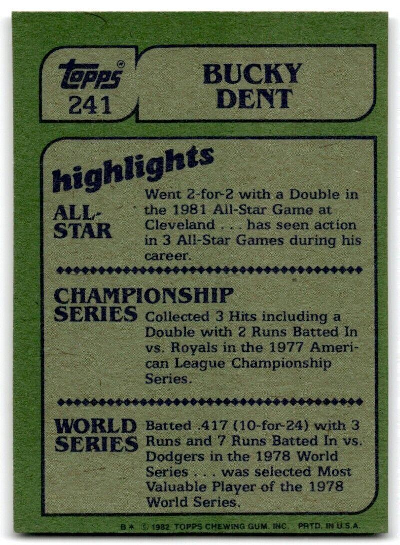 1982 Topps Bucky Dent . New York Yankees #241