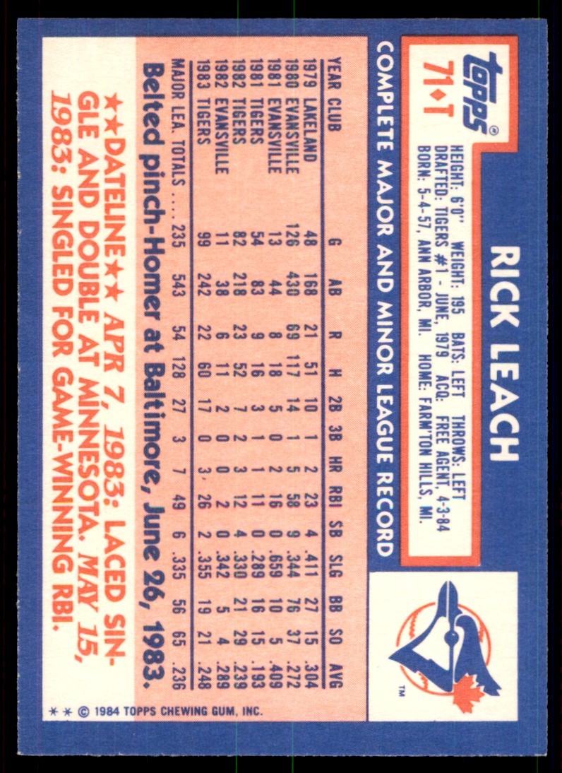 1984 Topps Traded Rick Leach . Toronto Blue Jays #71T