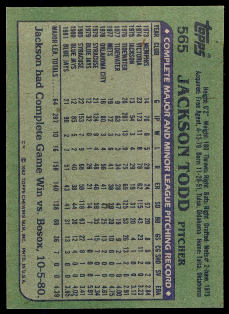 1982 Topps Jackson Todd . Toronto Blue Jays #565