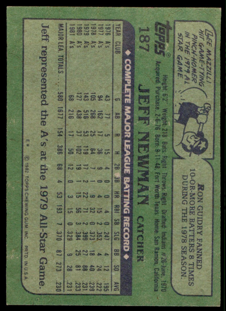 1982 Topps. Jeff Newman Oakland Athletics #187