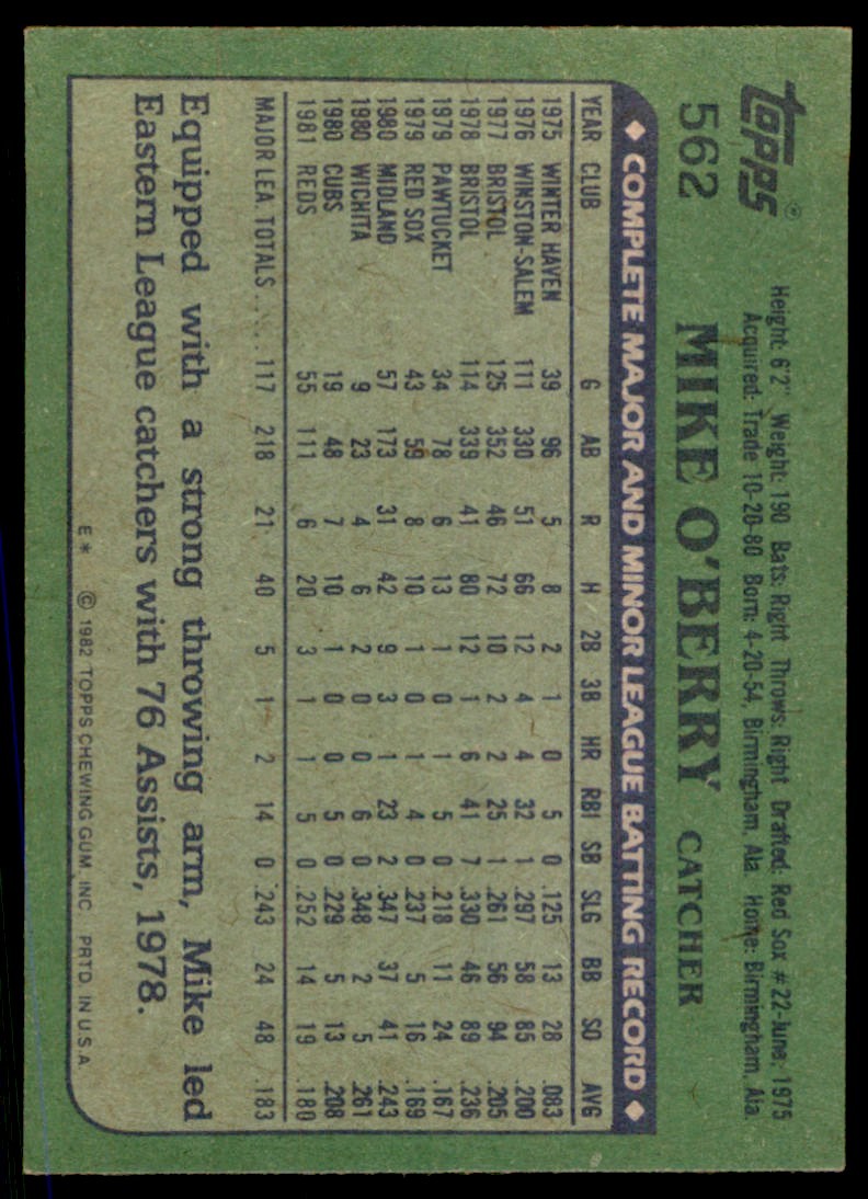 1982 Topps Mike O'Berry Cincinnati Reds #562