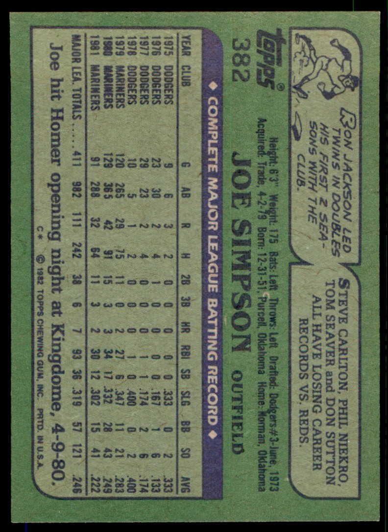 1982 Topps. Joe Simpson Seattle Mariners #382