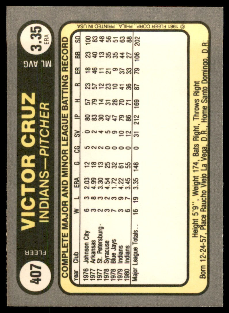 1981 Fleer. Victor Cruz . Cleveland Indians #407