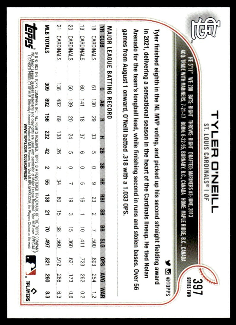 2022 Topps Baseball Card Tyler O'Neill St. Louis Cardinals #397