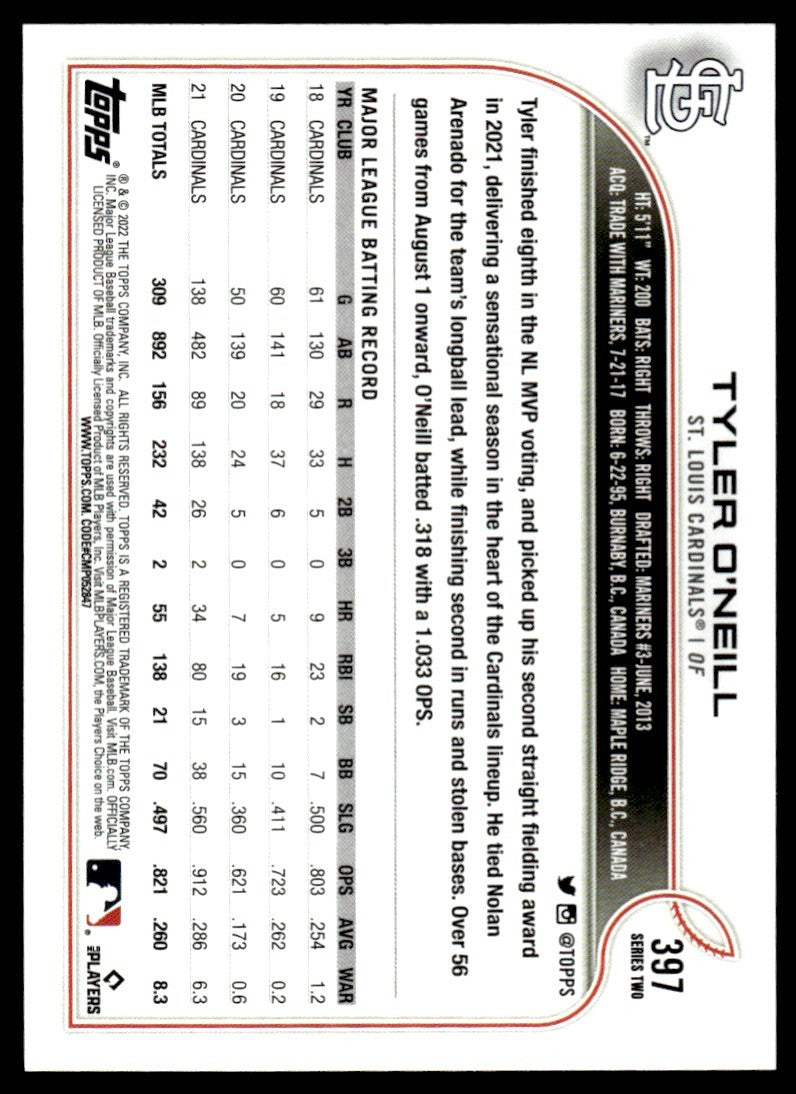 2022 Topps Baseball Card Tyler O'Neill St. Louis Cardinals #397