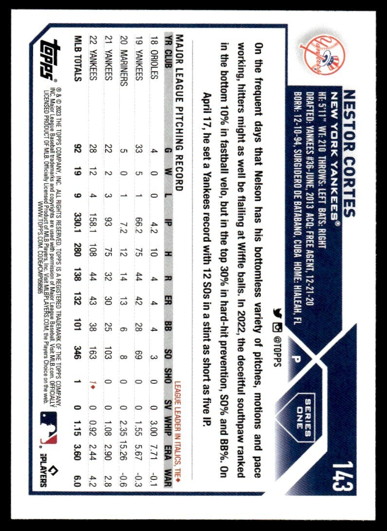 2023 Topps Baseball Card Nestor Cortes New York Yankees #143