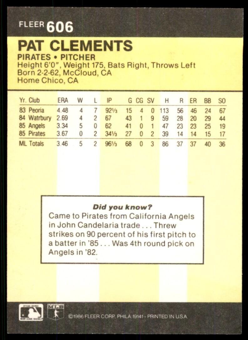 1986 Fleer Pat Clements Baseball Cards #606