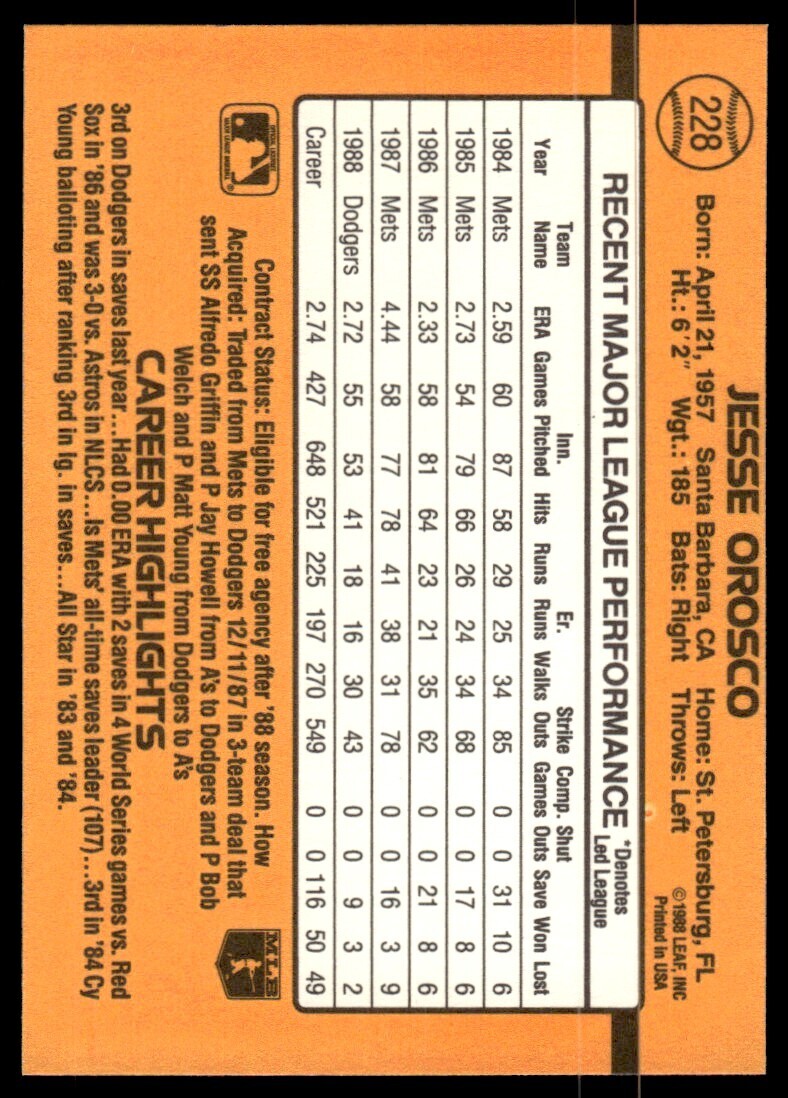 1989 Donruss Baseball Card Jesse Orosco Los Angeles Dodgers #228