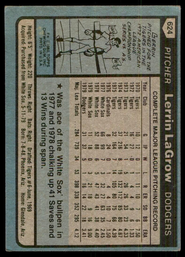 1980 TOPPS LERRIN LAGROW . LOS ANGELES DODGERS #624