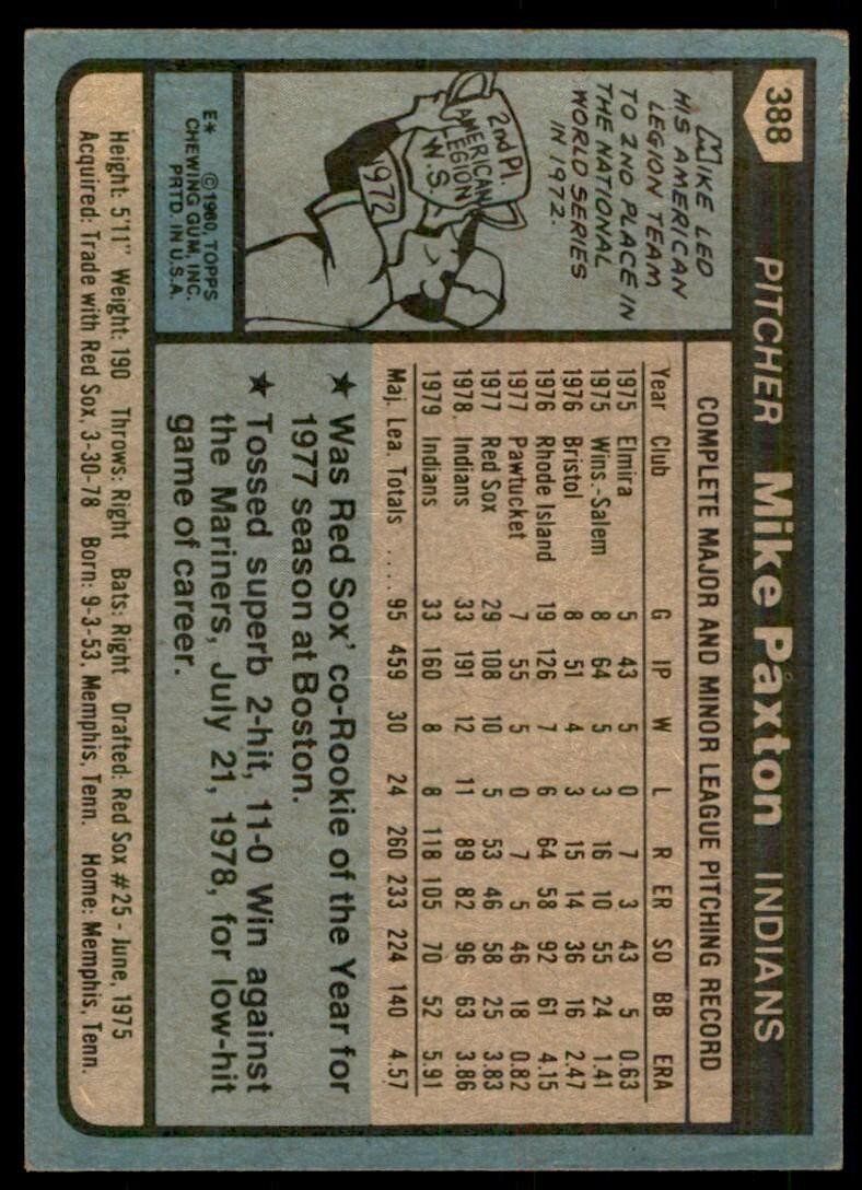 1980 TOPPS MIKE PAXTON . CLEVELAND INDIANS #388