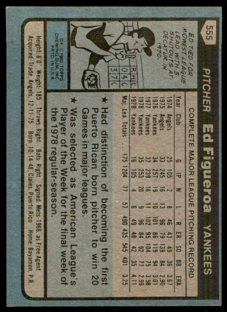 1980 TOPPS ED FIGUEROA . NEW YORK YANKEES #555