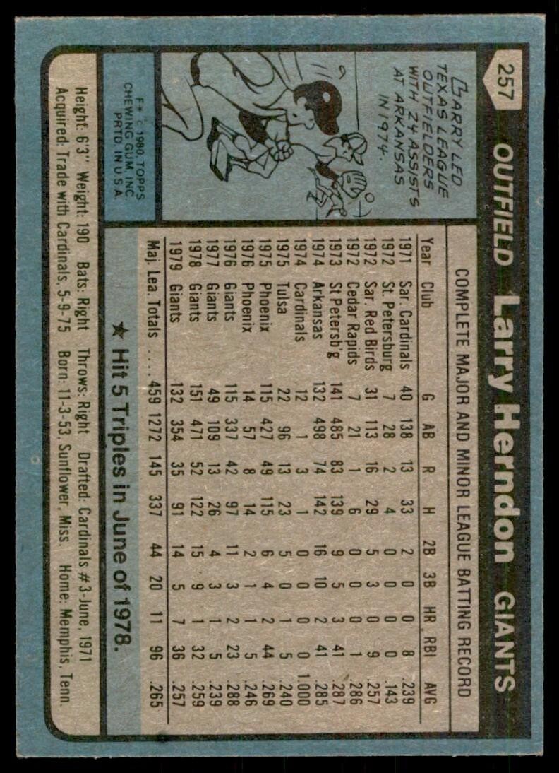 1980 TOPPS LARRY HERNDON . SAN FRANCISCO GIANTS #257