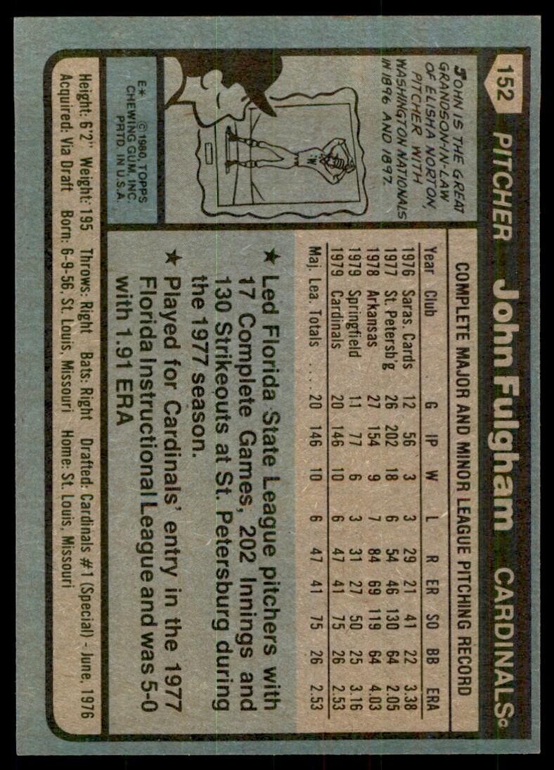 1980 TOPPS JOHN FULGHAM ROOKIE . ST. LOUIS CARDINALS #152