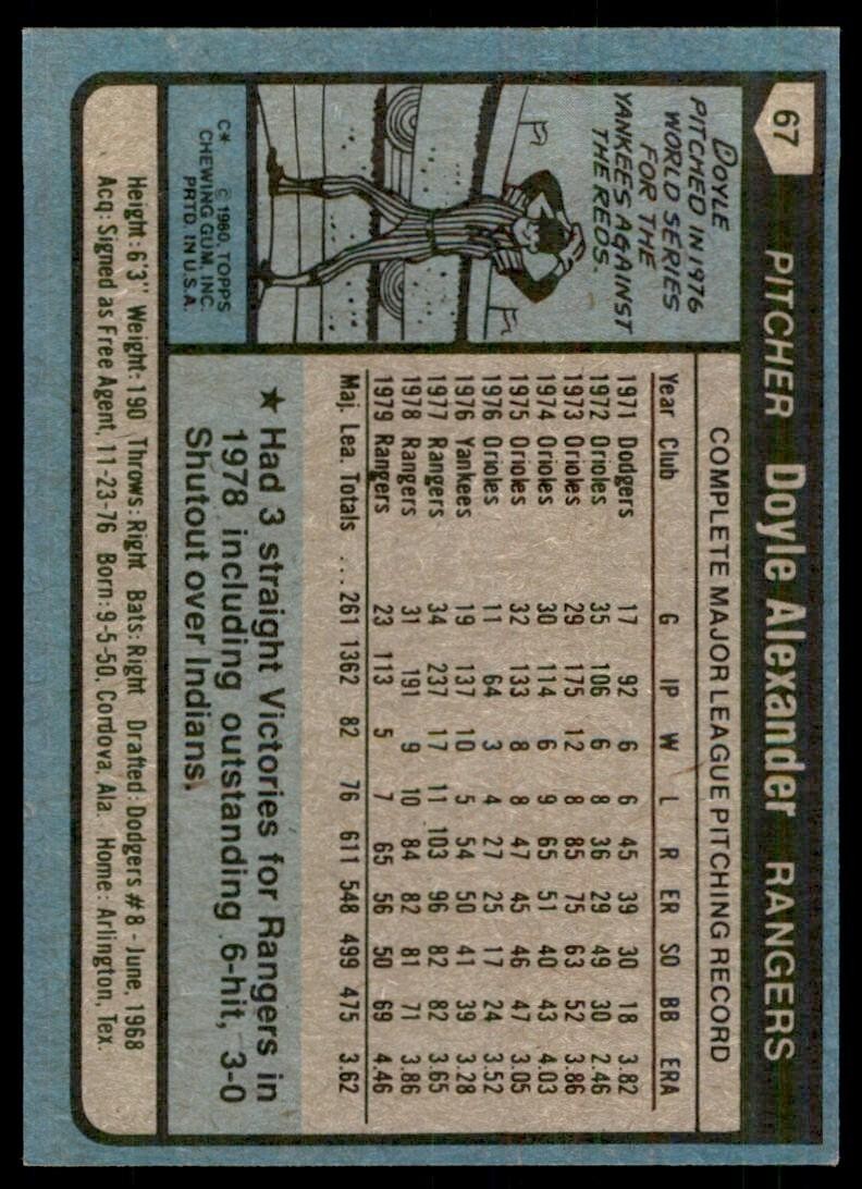 1980 TOPPS DOYLE ALEXANDER . TEXAS RANGERS #67