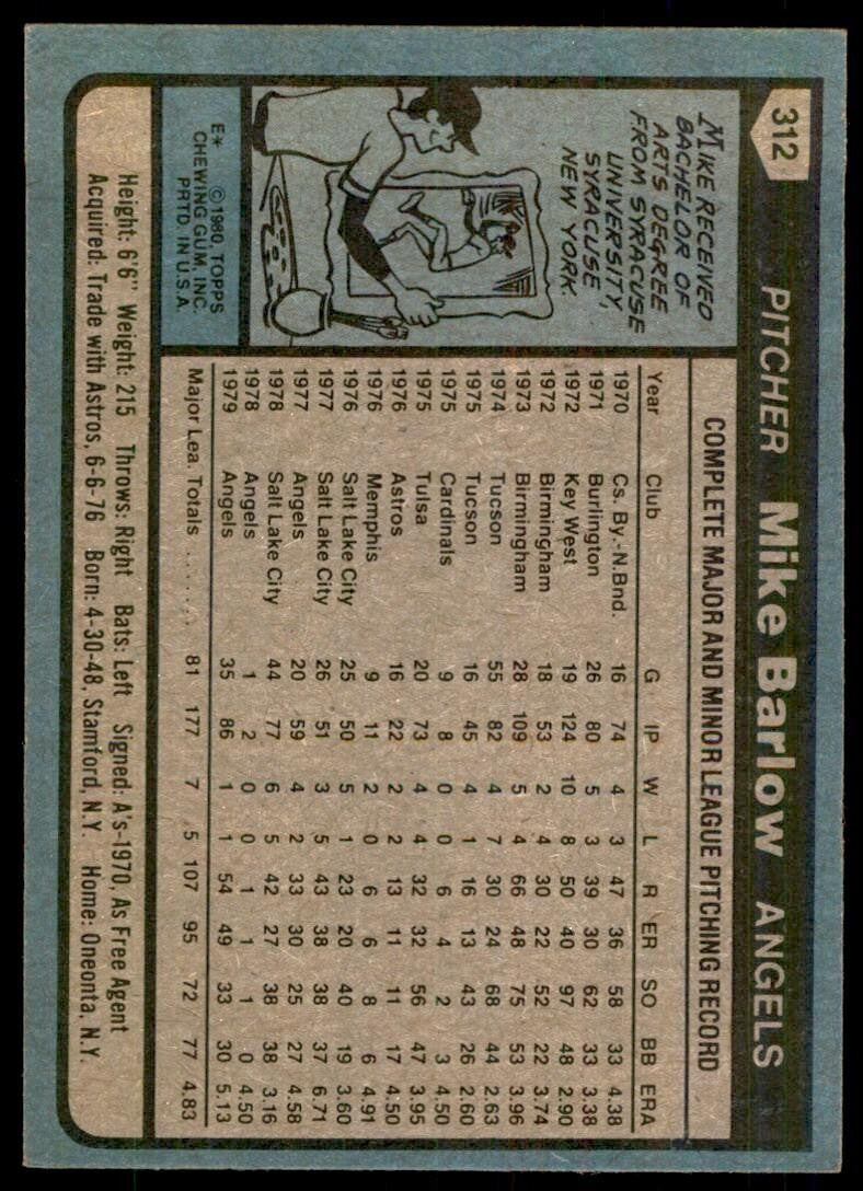 1980 TOPPS MIKE BARLOW . CALIFORNIA ANGELS #312