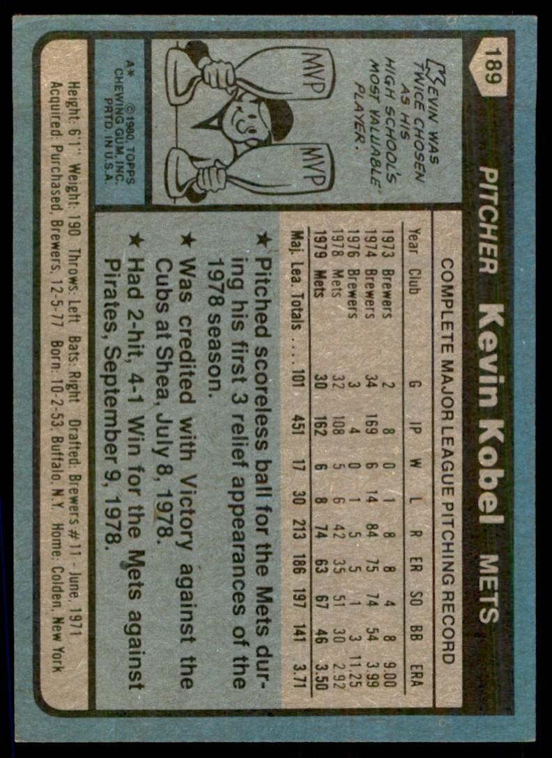 1980 TOPPS KEVIN KOBEL . NEW YORK METS #189