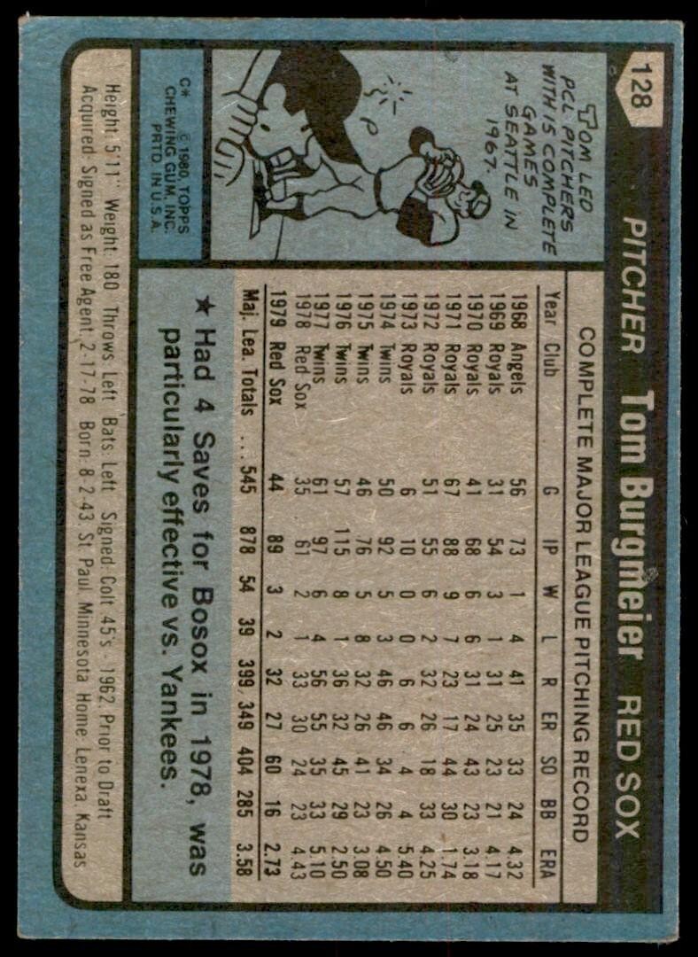 1980 TOPPS TOM BURGMEIER . BOSTON RED SOX #128