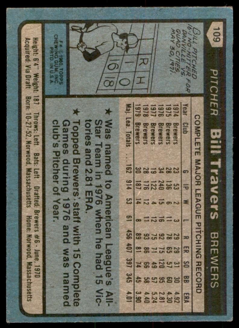 1980 TOPPS BILL TRAVERS . MILWAUKEE BREWERS #109