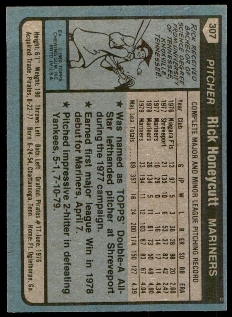 1980 TOPPS RICK HONEYCUTT . SEATTLE MARINERS #307