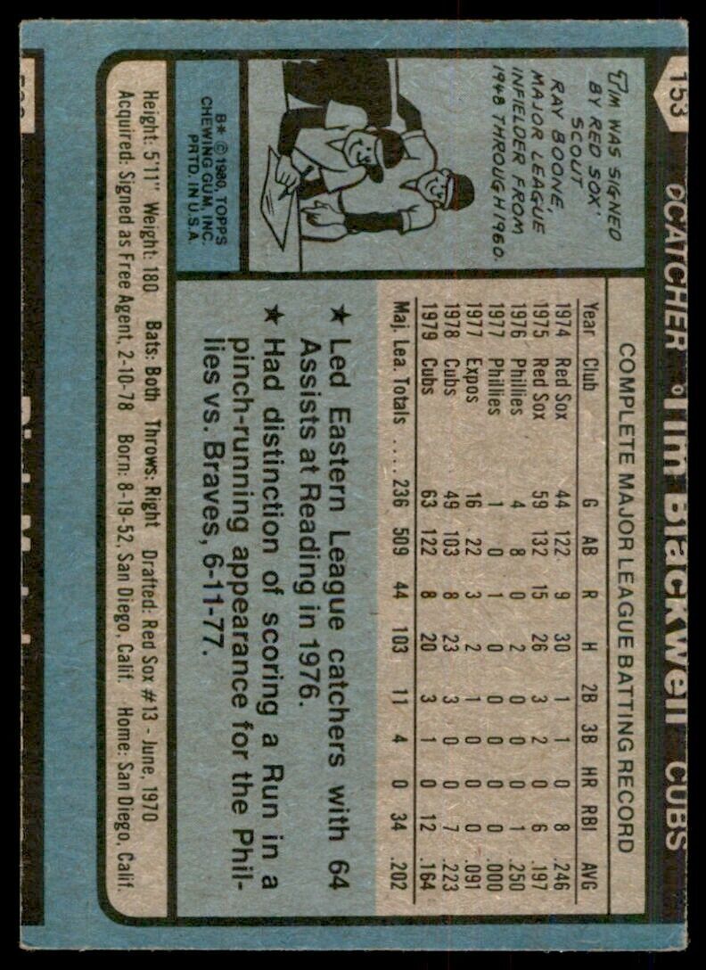 1980 TOPPS TIM BLACKWELL . CHICAGO CUBS #153