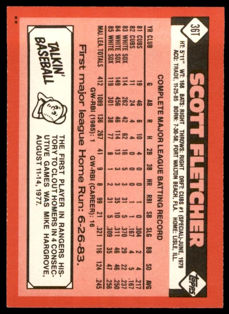 1986 TOPPS TRADED SCOTT FLETCHER . TEXAS RANGERS #36T