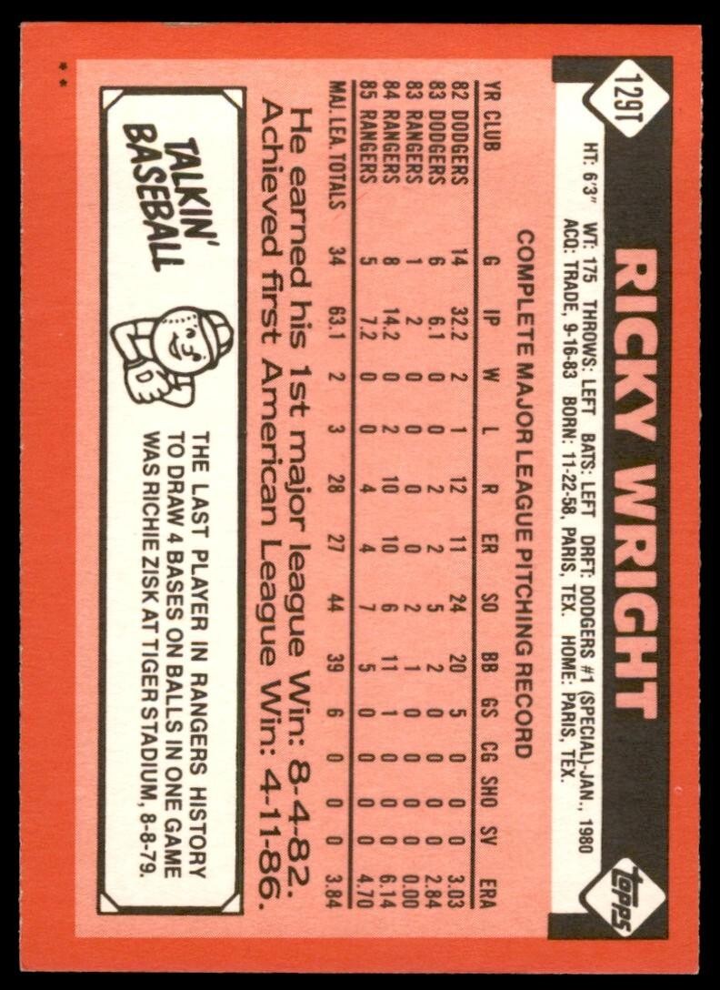 1986 TOPPS TRADED RICKY WRIGHT . TEXAS RANGERS #129T