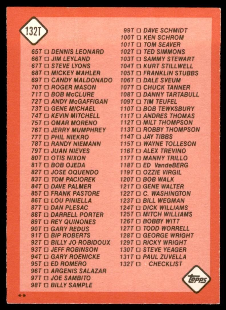 1986 TOPPS TRADED CHECKLIST . #132T