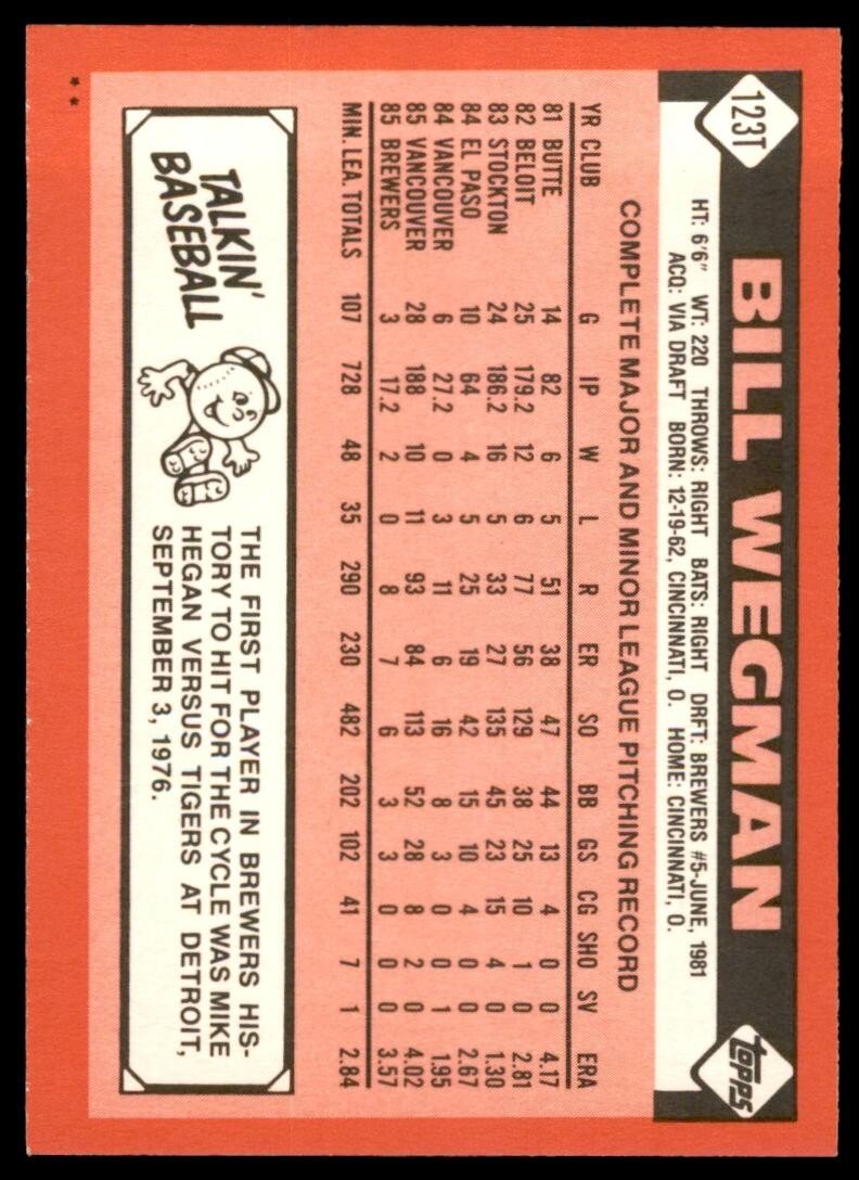 1986 TOPPS TRADED BILL WEGMAN . MILWAUKEE BREWERS #123T