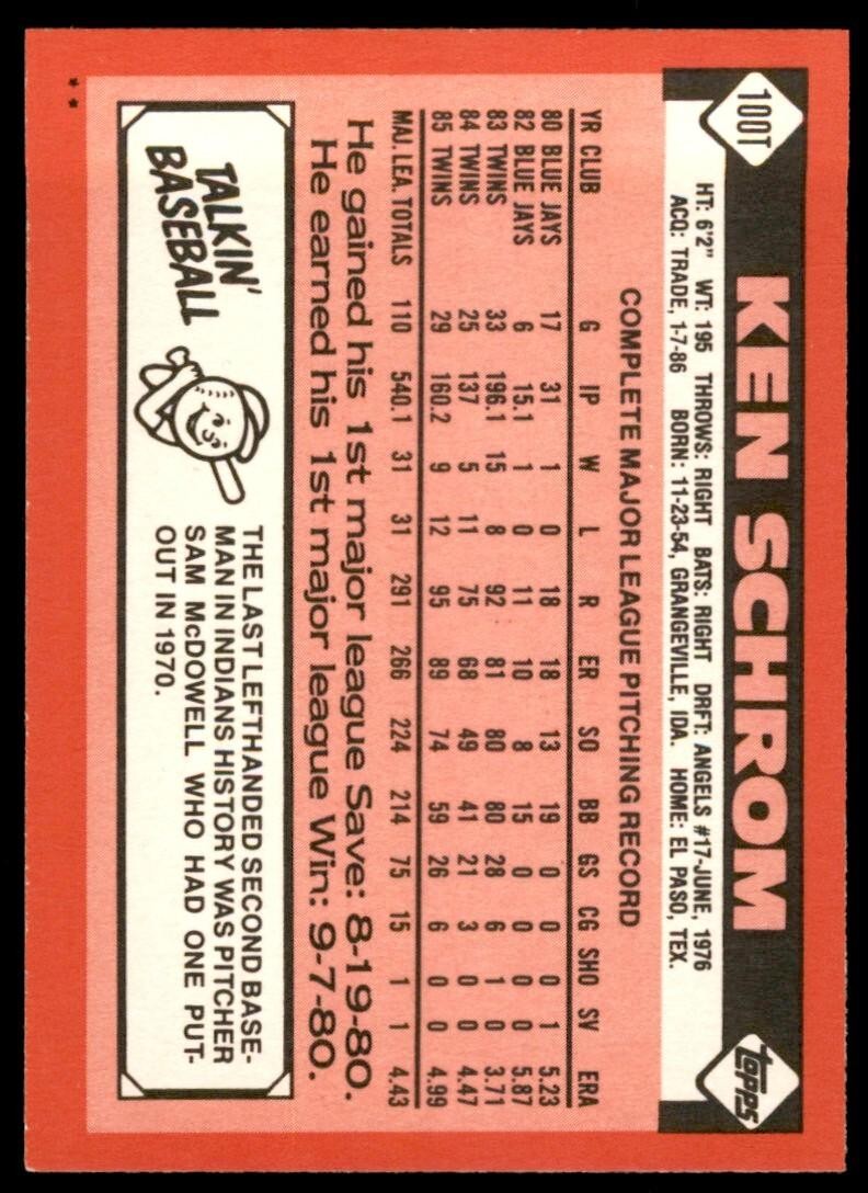 1986 TOPPS TRADED KEN SCHROM . CLEVELAND INDIANS #100T
