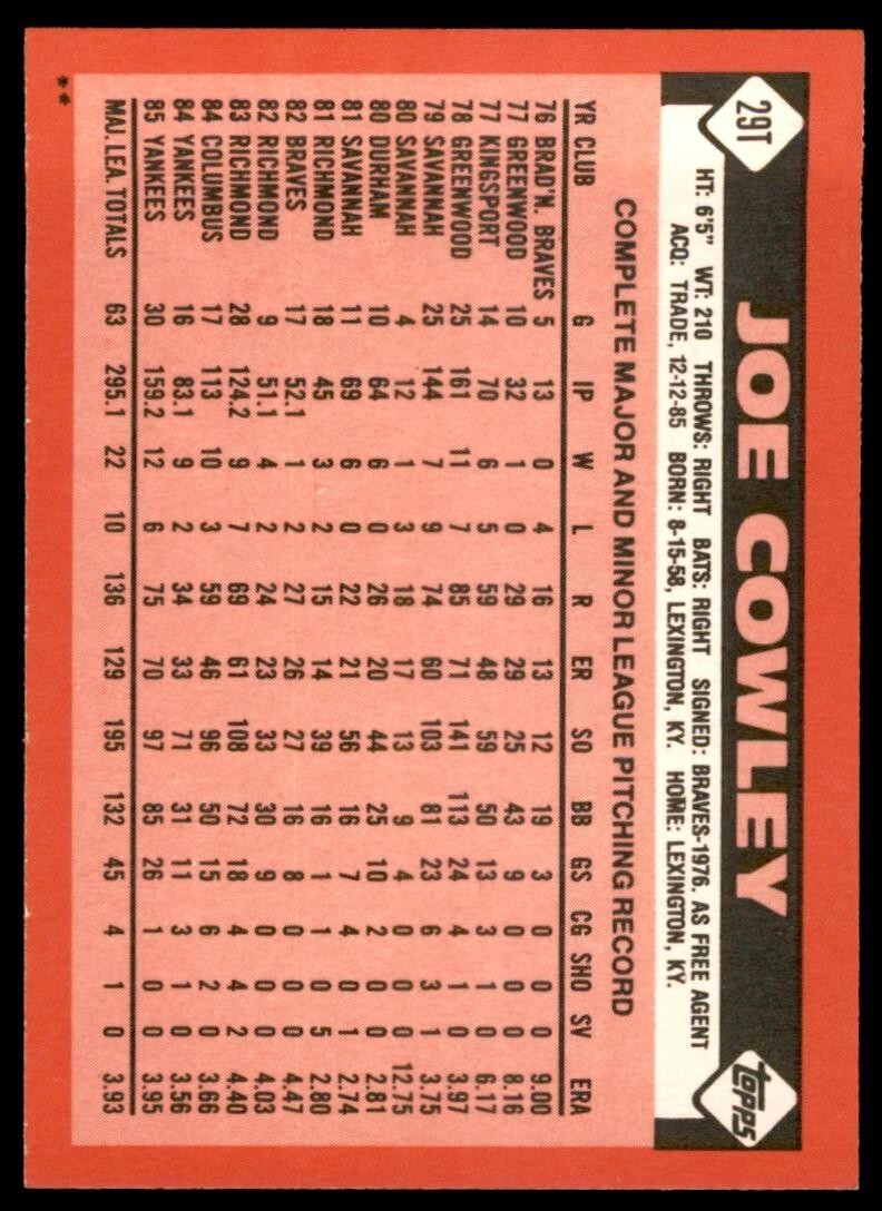 1986 TOPPS TRADED JOE COWLEY . CHICAGO WHITE SOX #29T