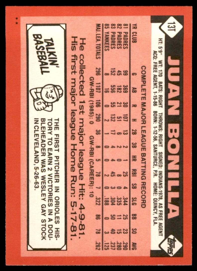 1986 TOPPS TRADED JUAN BONILLA . BALTIMORE ORIOLES #13T