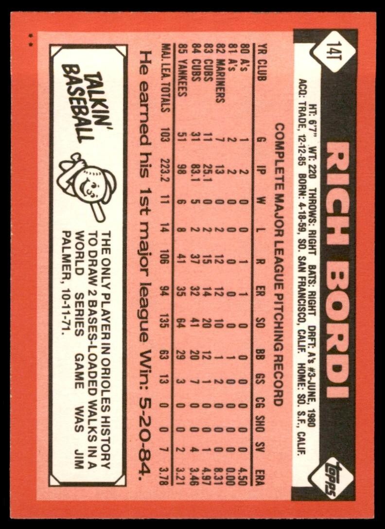 1986 TOPPS TRADED RICH BORDI . BALTIMORE ORIOLES #14T