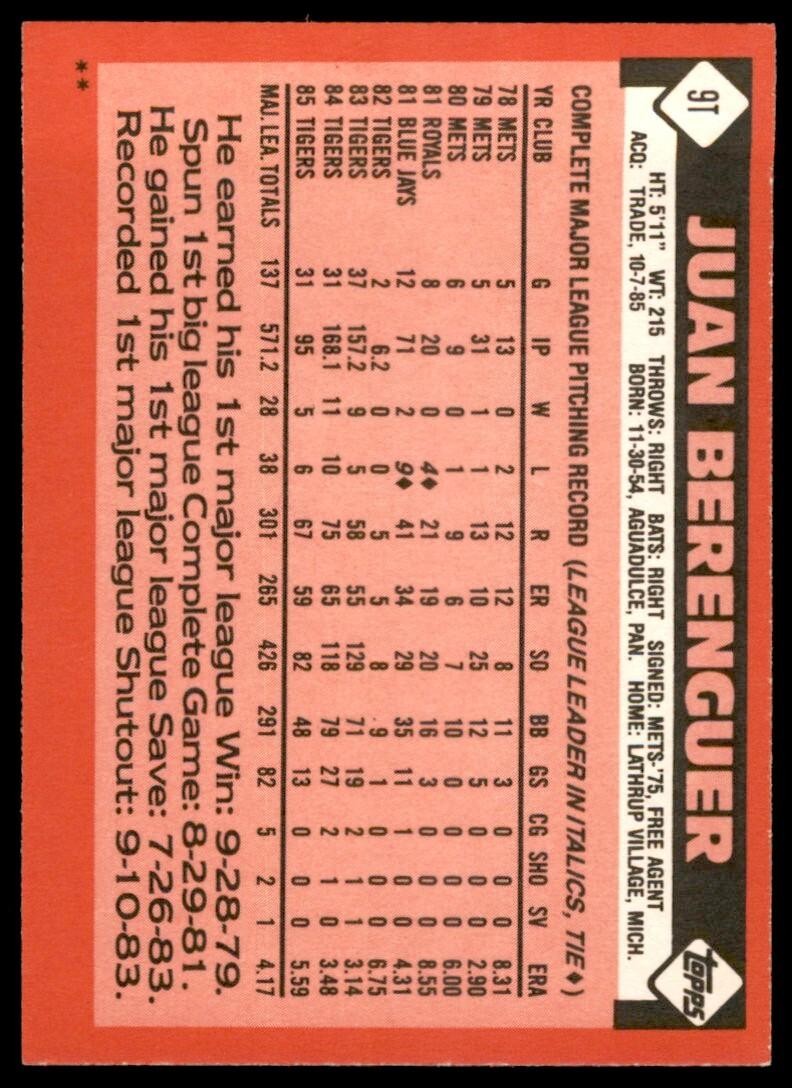 1986 TOPPS TRADED JUAN BERENGUER . SAN FRANCISCO GIANTS #9T