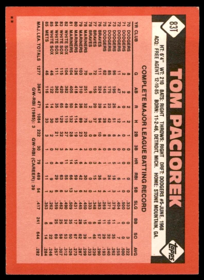 1986 TOPPS TRADED TOM PACIOREK . TEXAS RANGERS #83T