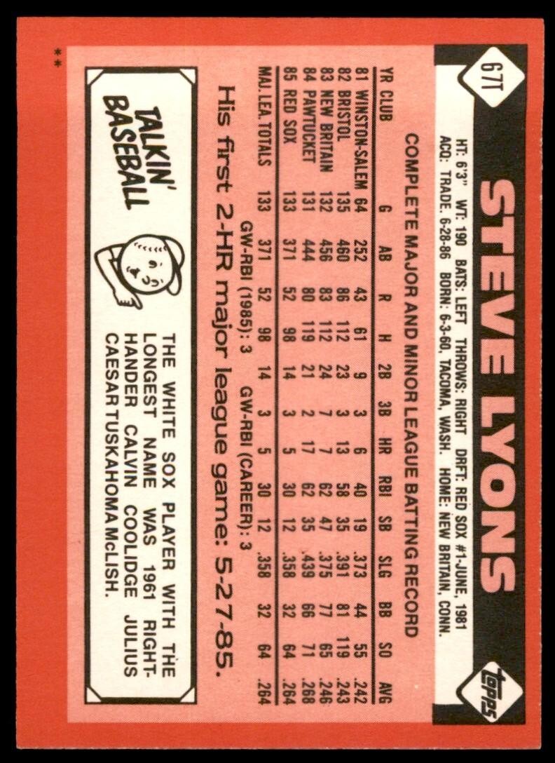1986 TOPPS TRADED STEVE LYONS . CHICAGO WHITE SOX #67T
