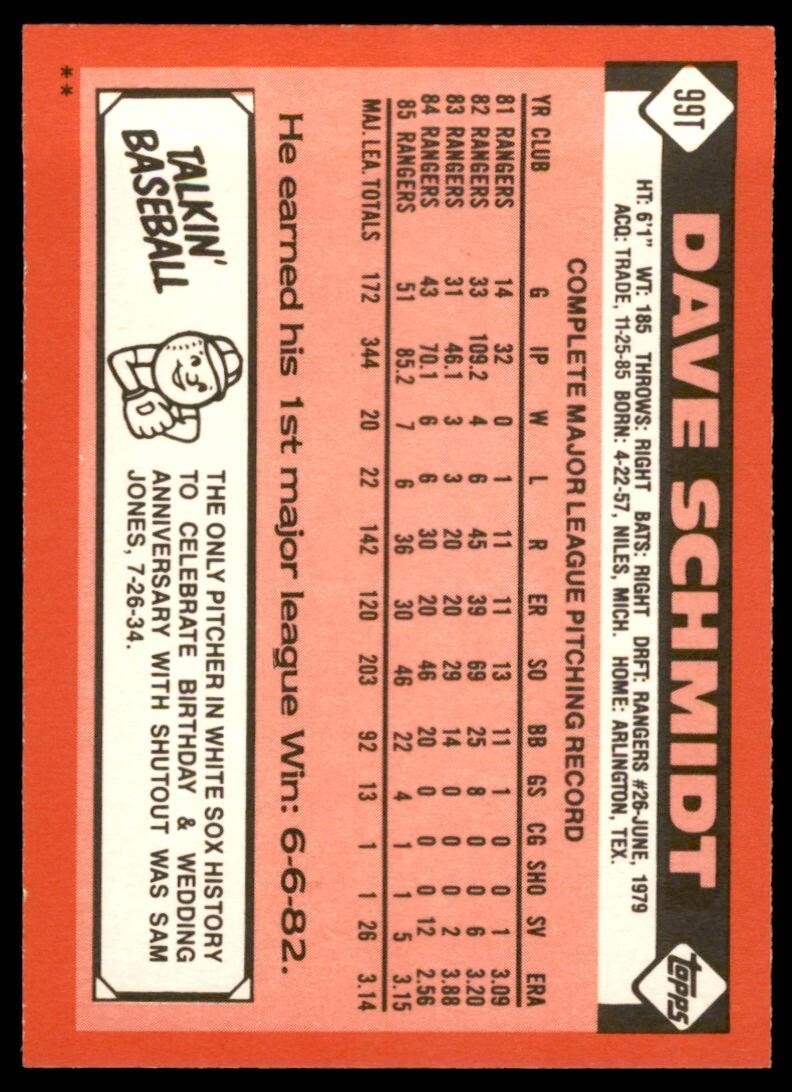 1986 TOPPS TRADED DAVE SCHMIDT . CHICAGO WHITE SOX #99T