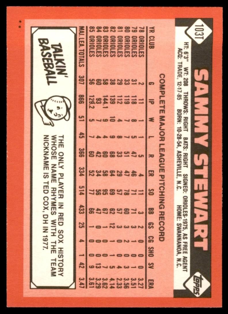 1986 TOPPS TRADED SAMMY STEWART . BOSTON RED SOX #103T